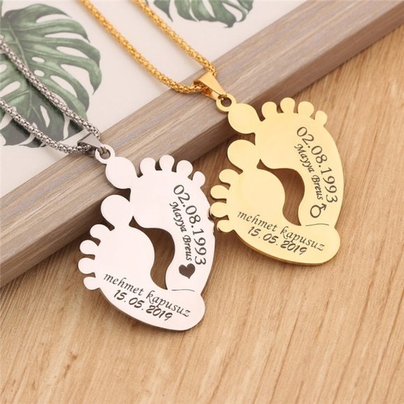 Custom Engraved Stainless Steel Baby Feet Name & Birthday Pendant Necklace - Picture 1 of 10